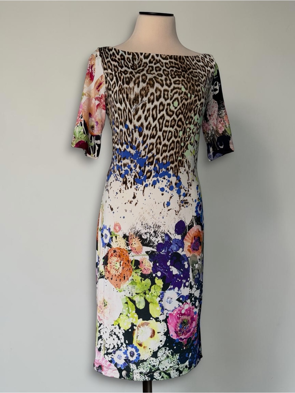 Just Cavalli Vintage Leopard Floral Paint Multicolor Jersey Sheath Dress